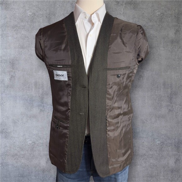 DKNY Mens Blazer Sport Coat Two Button Jacket 40R WOOL  Brown Herringbone Suits - Picture 15 of 16